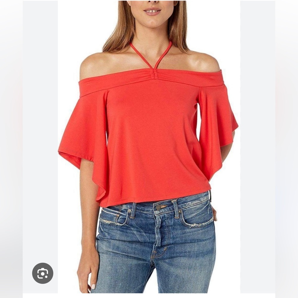 BCBGMaxAzria Red Off-the-Shoulder Blouse with Flutter Sleeves